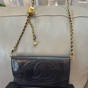 CHANEL Black Leather Crossbody with Gold Chain